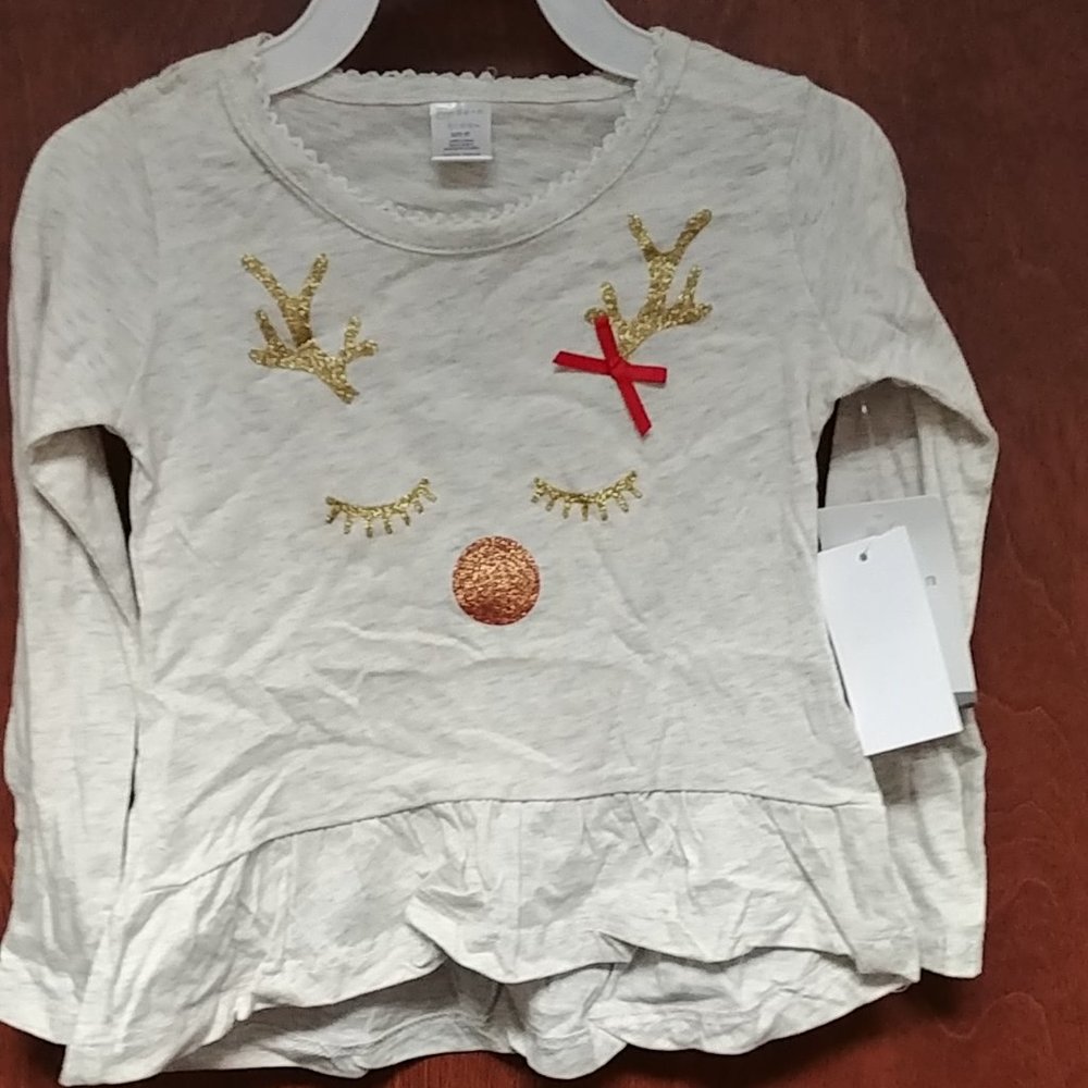 Reindeer Face Glitter Top with Bow NWT